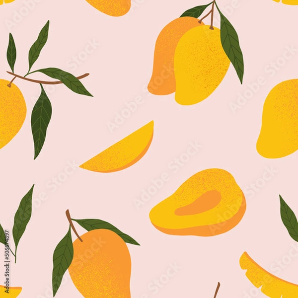 Fototapeta Seamless vector pattern with hand drawn textured mango on pink background. Tropical fruit background. For the design of textiles, wrapping paper, wallpaper. 