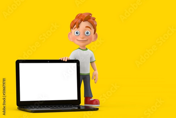 Fototapeta Cartoon Little Boy Teen Person Character Mascot with Modern Laptop Computer Notebook and Blank Screen for Your Design. 3d Rendering