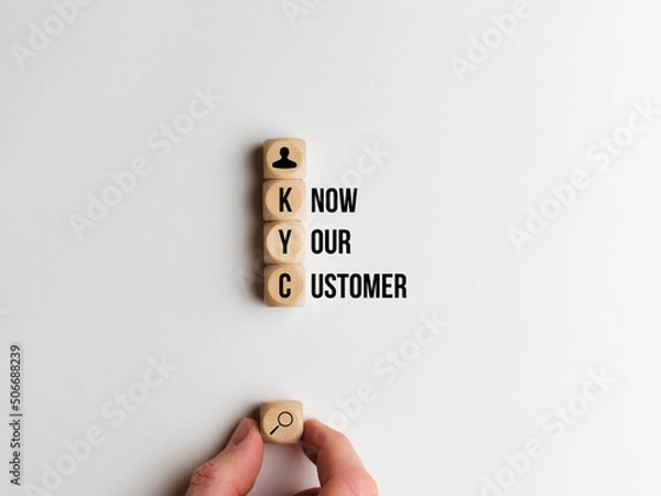 Fototapeta Concept know your customer or KYC. Text and icons on dice.