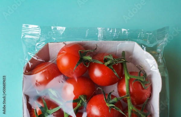 Obraz red tomatoes in transparent packaging on a green background