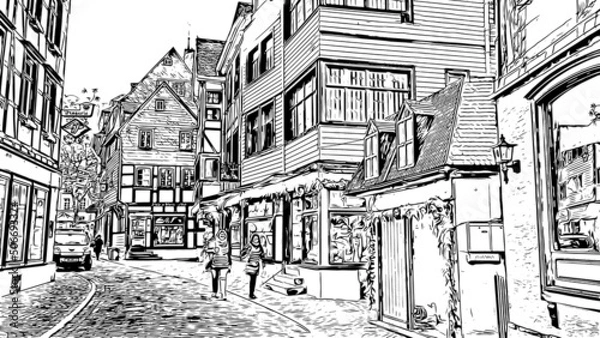 Fototapeta Building view with landmark of Monschau is a town in western Germany. Hand drawn sketch illustration in vector.