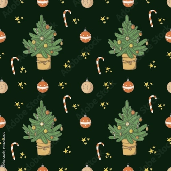Obraz Christmas seamless pattern on a dark background green Christmas tree in a yellow pot with red yellow balls Christmas cane and yellow stars
