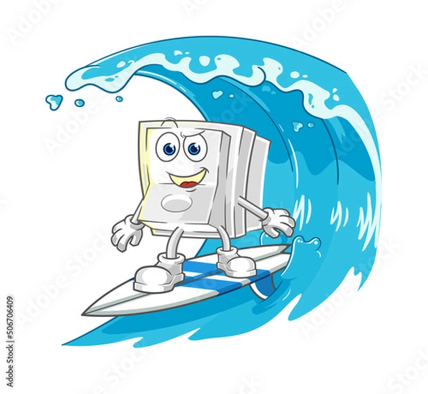 Obraz light switch surfing character. cartoon mascot vector