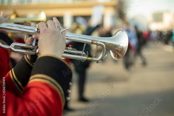 Obraz Orchestra with wind instruments. Trumpeters in ceremonial uniforms.