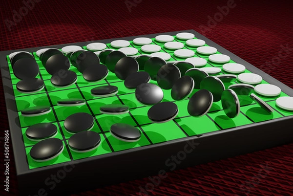 Obraz 1つのオセロの黒が全ての白を連鎖的に返していくイメージ