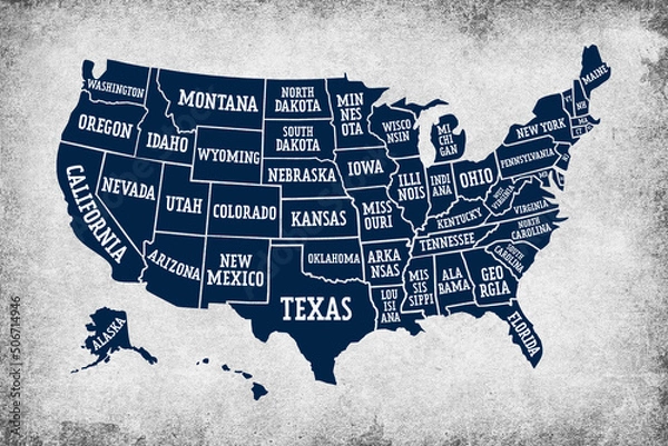 Fototapeta Blue USA map with borders of the states and names on grunge background