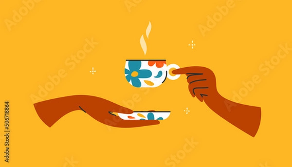 Obraz Man or woman hands holding floral ceramic cup hot drink. Tea time, morning beverage, coffee break. Flower pattern mug, cup and saucer. Elegant breakfast. Isolated vector illustration yellow background