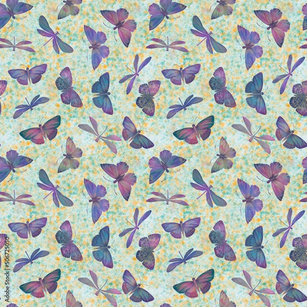 Fototapeta Seamless watercolor background. Butterflies and dragonflies on a background of flowers. Colorful botanical background for design, textiles, wallpapers.