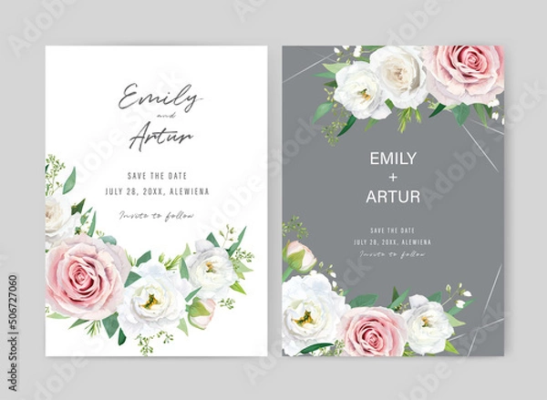 Fototapeta Romantic, elegant wedding invite, save the date card set. Floral watercolor style blush pink, ivory white rose flowers, greenery seeded eucalyptus leaves bouquet decoration. Editable vector illustrati
