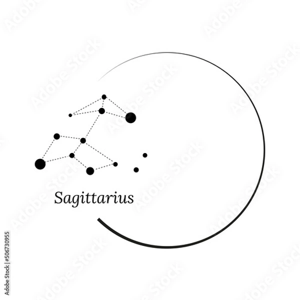 Fototapeta Round frame, wreath and Zodiac sign Sagittarius. Vector illustration for advertising design, astrological, esoteric, magical seances, personality research