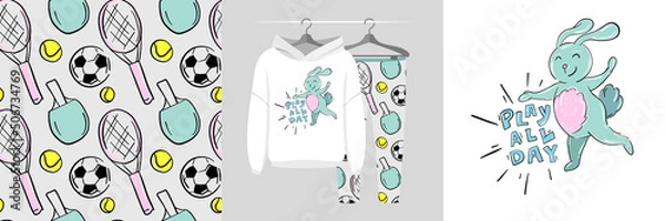 Obraz Seamless pattern and illustration set with cute happy bunny and text Play All Day. Baby design pajamas, background for apparel, room decor, tee prints, baby shower, fabric design, wrapping