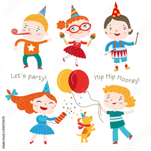 Fototapeta Children having fun at birthday party. Vector collection isolated on a white background.
