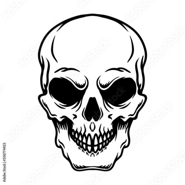 Fototapeta Illustration of human skull in monochrome style. Design element for poster, card, banner, emblem, sign. Vector illustration