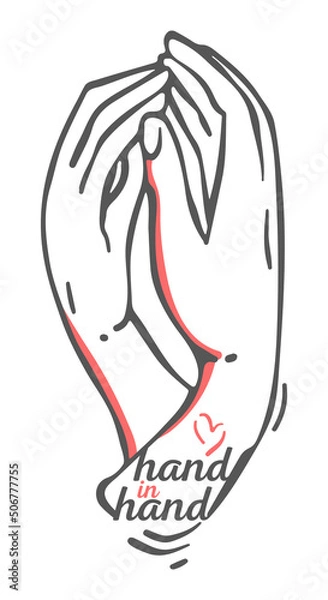 Fototapeta Vector logo of two hands and a heart in a minimal linear style. Love concept with hand in hand caption. Isolated design template for emblem, symbol, tattoo.