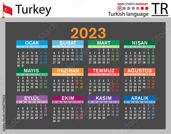 Fototapeta Turkish horizontal pocket calendar for 2023. Week starts Monday
