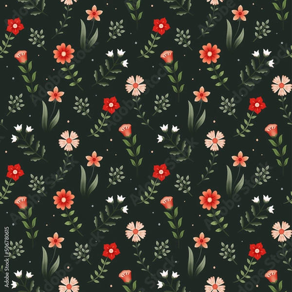Fototapeta Raster seamless pattern with stylized flowers in nature color.  Stylish background with tiny wild flowers on deep green background. Floral pattern for fabric, dress, textile, wrapping paper, etc.