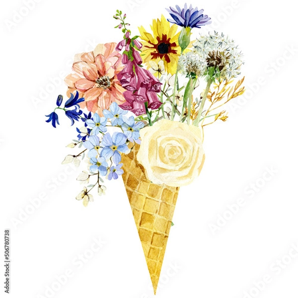 Obraz Watercolor ice cream in waffle cone with roses flowers, wildflowers, field floral, ditsy flower. Summer illustration for print and greeting card.