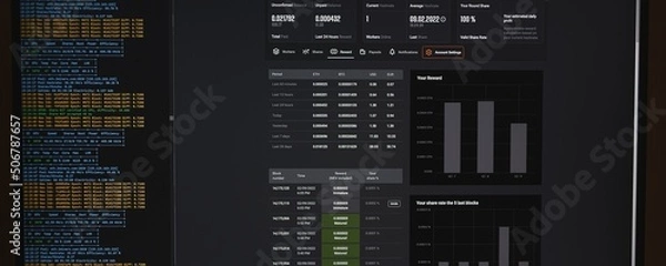 Obraz The computer screen shows Ethereum miner. Concept of cryptocurrency mining. Miner software running and showing current crypto exchange rates on a PC Monitor in the background.