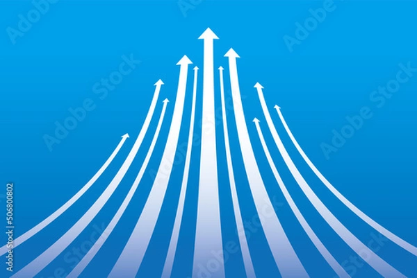 Fototapeta 青のグラデーションバックに白の上向きにカーブした矢印のイラスト