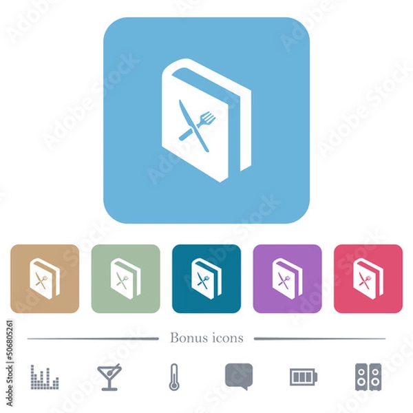 Obraz Cookbook with knife and fork flat icons on color rounded square backgrounds