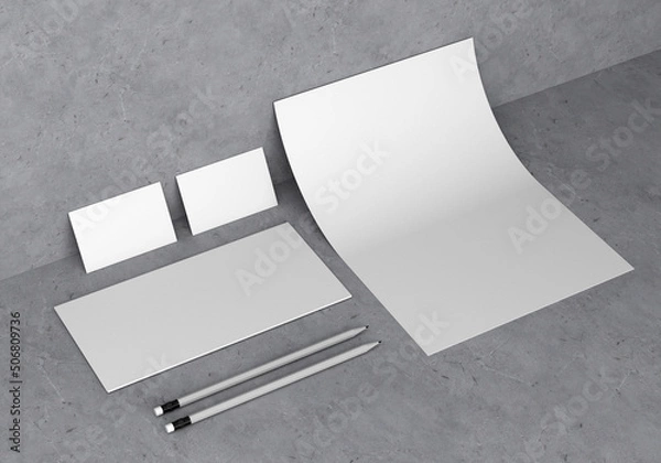 Fototapeta Base white stationery mockup template for branding identity on a gray concrete background for graphic designers presentations and portfolios. 3D rendering.