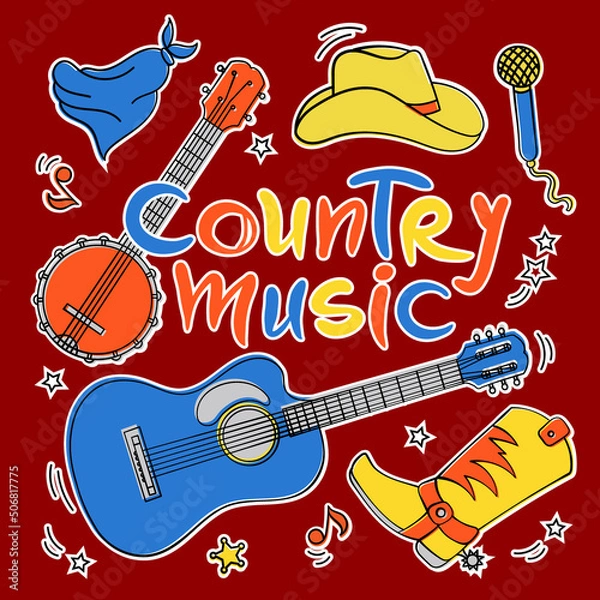 Obraz COUNTRY MUSIC CUTS American Cowboy Attributes And Symbols Western Music Festival Country Vector Illustration Set For Print And Cutting