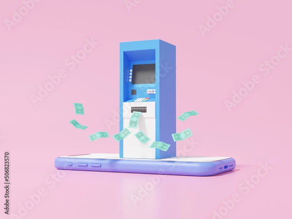 Fototapeta Money payment transfer system online concept. into application transaction Internet banking on smartphone. cartoon minimal. technology exchange pay, banner, 3d render illustration
