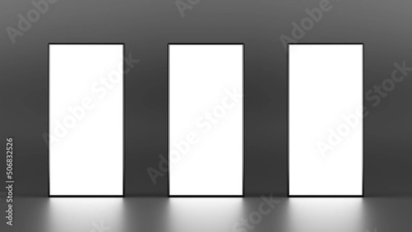 Fototapeta Three rectangle lightboxe stands on dark background. 3D illustration