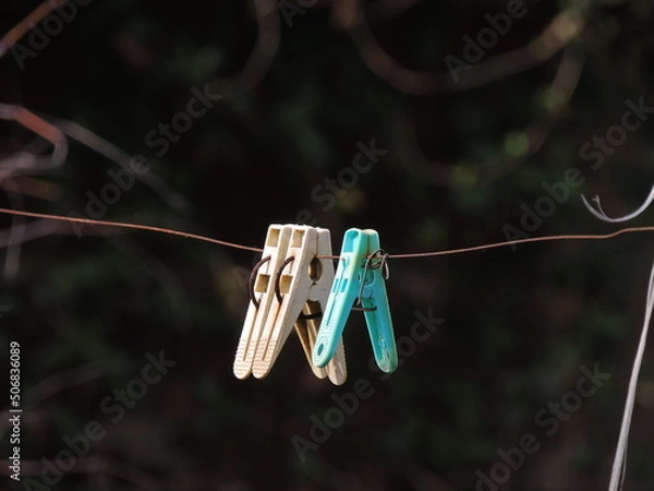 Obraz Clothespins hanging on a wire. Isolated colourful clothespins on clothesline.