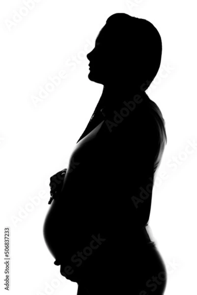 Obraz Silhouette of a pregnant girl. Pregnant woman on a white background. Silhouette on a white background. Pregnant girl in underwear in profile silhouette