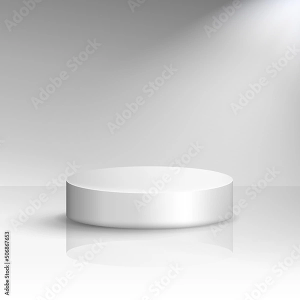 Fototapeta Minimal white vector podium mockup. Pedestal, platform, stage, dais template for product presentation. Showcase concept. Scene with reflection and spotlight