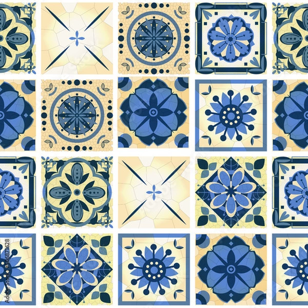 Obraz elegant endless pattern of imitation vintage cracked ceramic tiles with abstract flowers in blue
