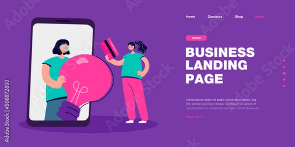 Fototapeta Woman with lightbulb on phone screen and girl with credit card. Female character buying idea online flat vector illustration. Investment, marketing concept for banner, website design or landing page