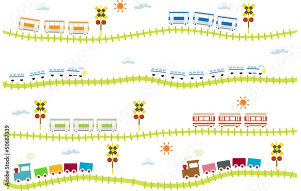 Obraz 子供向け可愛い踏切のある線路を走る電車