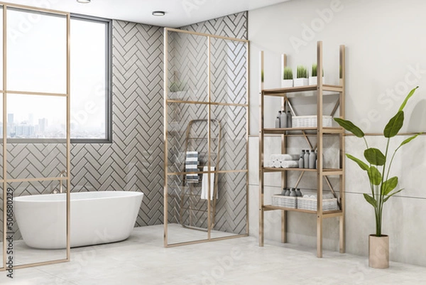 Fototapeta Perspective view on bathroom with city view from the window above white bath, golden towel rail, flower pot with plants and glass partitions with golden decorations. 3D rendering