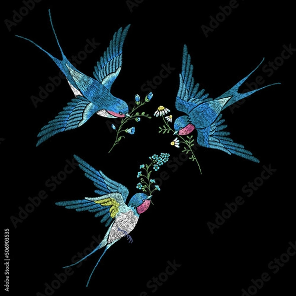 Obraz Embroidery trend floral pattern with swallows, chamomiles and forget- me-nots.