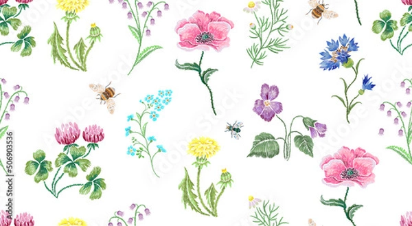 Fototapeta Embridery  florall seamless pattern with wild flowers.