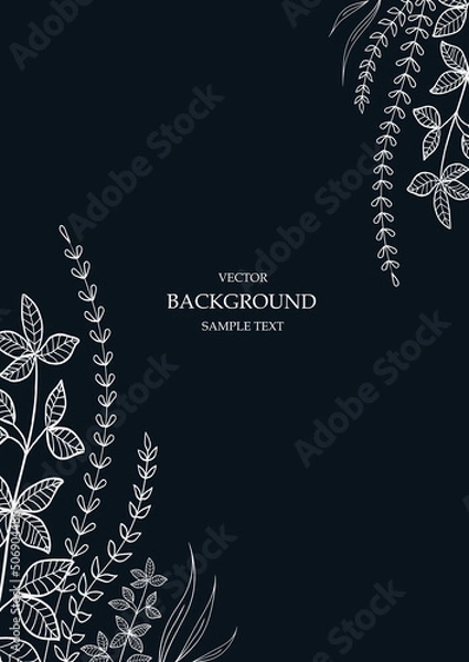 Fototapeta Floral vector template with leaves, plants on dark background. Natural elements. Plant print for holiday poster, greeting card, cover, banner, invitation. Botanical art. Botanical art. Minimalistic