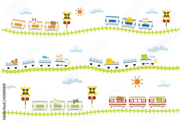 Obraz 子供向け可愛い踏切のある線路を走る動物電車