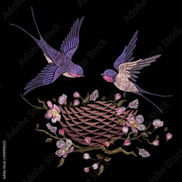 Obraz Embroidery floral seamless pattern with oriental swallow's nest and cherry blossom