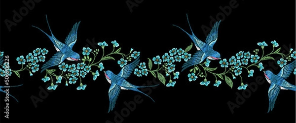Obraz Embroidery horizontal seamless border with blue forget-me-not flowers and  swallows  on a black background