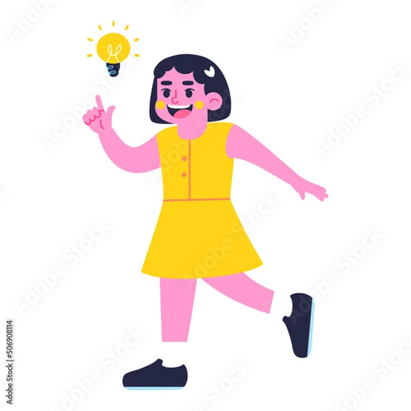 Fototapeta Happy girl character with a lightbulb Back to school Vector illustration