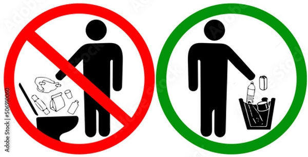 Fototapeta Do not litter in toilet icon use wastebasket instead. Keep clean sign. No to throw garbage into toilet in prohibition warning caution red circle isolated on white background.
