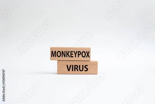 Fototapeta Monkeypox virus symbol. Concept word Monkeypox virus on wooden blocks. Beautiful white background. Medicine and Monkeypox virus concept. Copy space