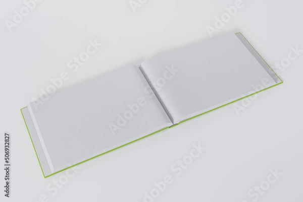 Fototapeta Mockup of a rectangular open book with a blank, glossy, green cover on white background. Isolated with clipping path.	