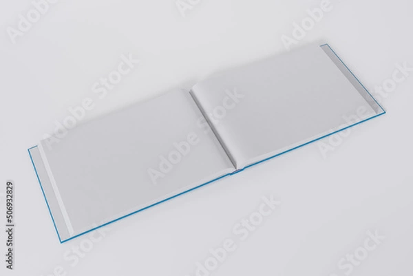 Fototapeta Mockup of a rectangular open book with a blank, glossy, blue cover on white background. Isolated with clipping path.	