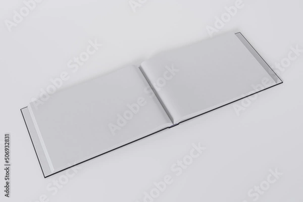 Fototapeta Mockup of a rectangular open book with a blank, glossy, black cover on white background. Isolated with clipping path.	