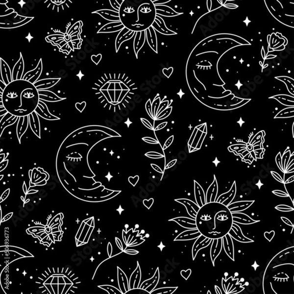 Fototapeta Magic boho symbols seamless pattern. Backdrop of gypsy sacred elements and sign in modern boho style. Minimal line art. Sun, moon, butterfly, crystal