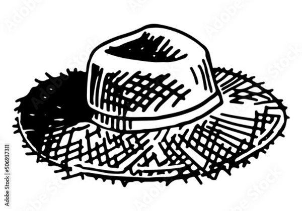 Fototapeta Wicker straw hat sketch clipart. Summer head accessory doodle isolated on white. Hand drawn vector illustration in engraving style.