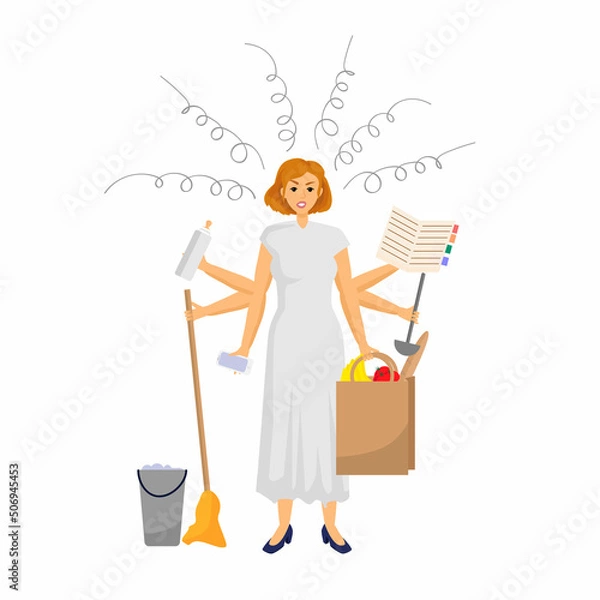 Obraz Multitasking woman. Female doing a lot of things. Working, cleaning, coocking and calling.